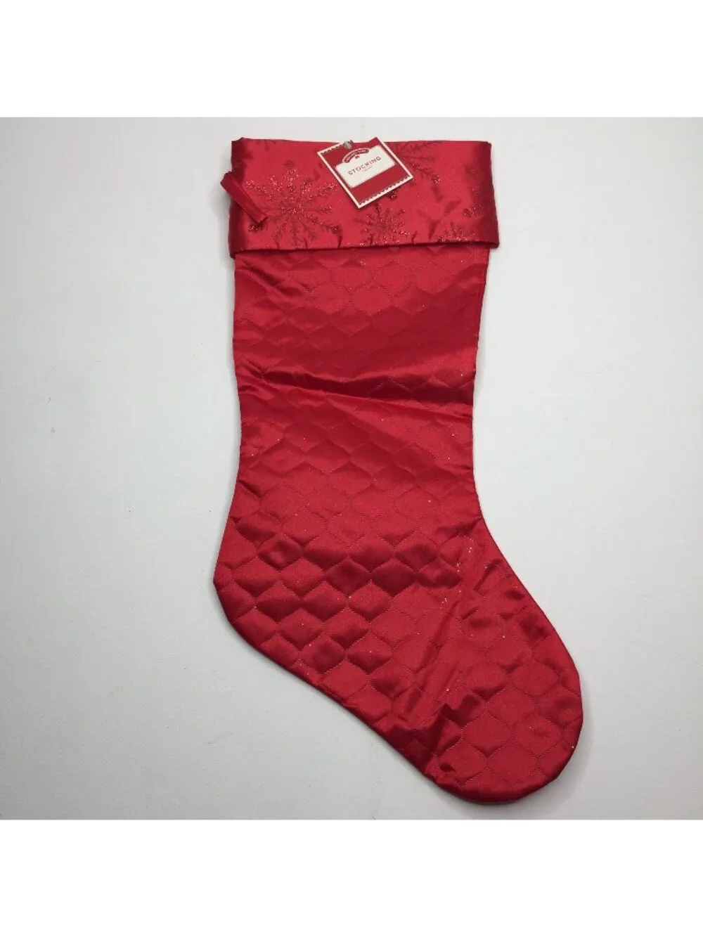 Elegant Red Glitter Snowflake Quilted Christmas Stocking Holiday Decoration